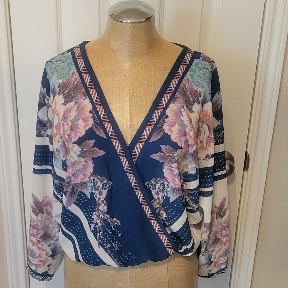 Flying Tomato Blue Floral Surplice Top